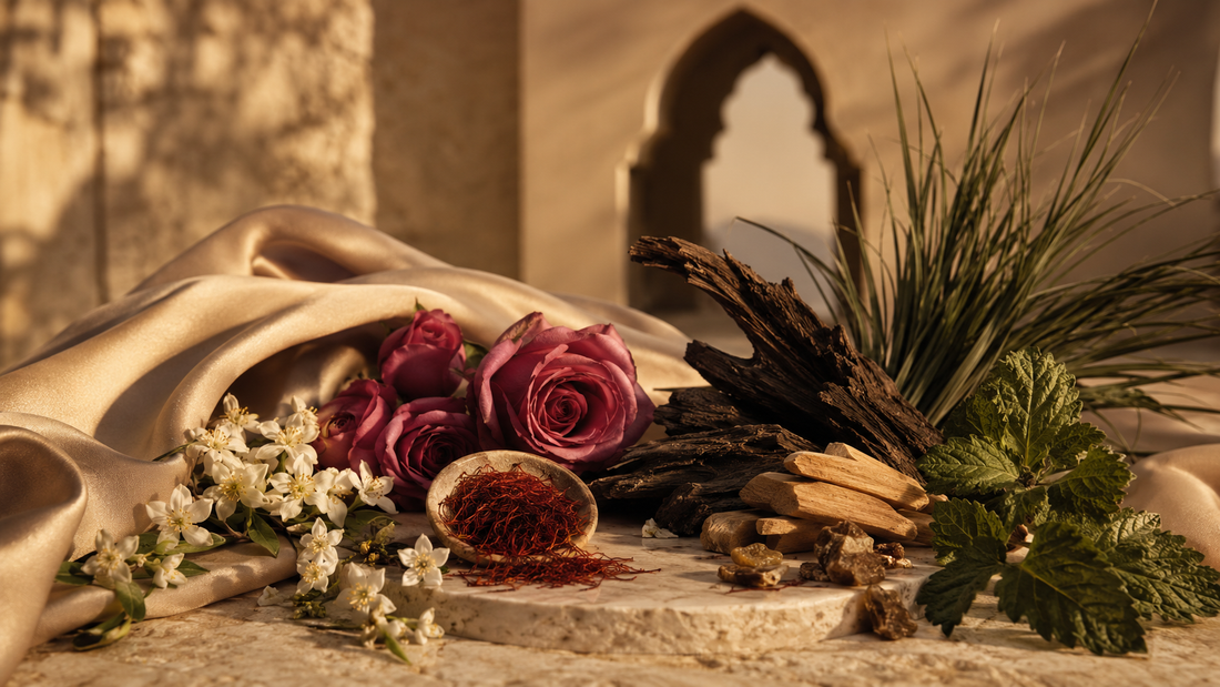 Arabian Silk fragrance notes with saffron, rose, jasmine and oud wood