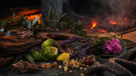 Fireside fragrance notes with cedarwood, citrus, eucalyptus and frankincense