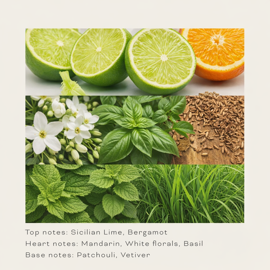 Lime, Basil & Mandarin scent profile showing top, heart and base notes