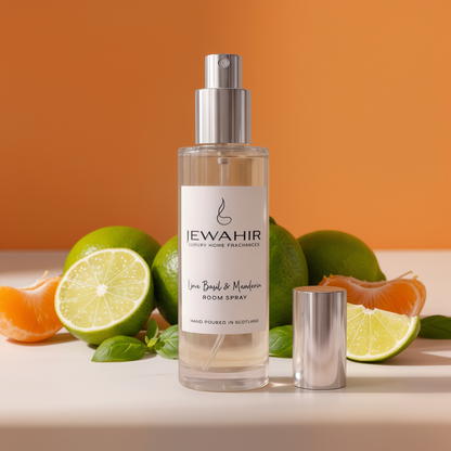 Room spray bottle with silver cap and label, surrounded by limes and oranges on a white surface with an orange background.